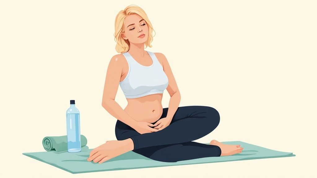A pregnant woman smiling while setting up her yoga mat in a sunlit living room.