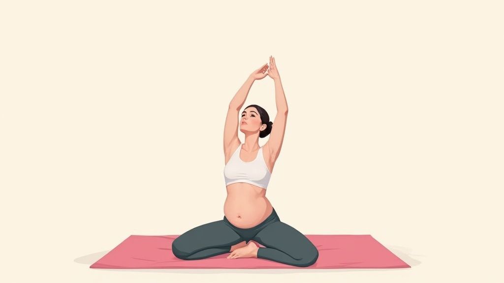 A pregnant woman doing a gentle yoga pose on a mat in a bright, airy room.