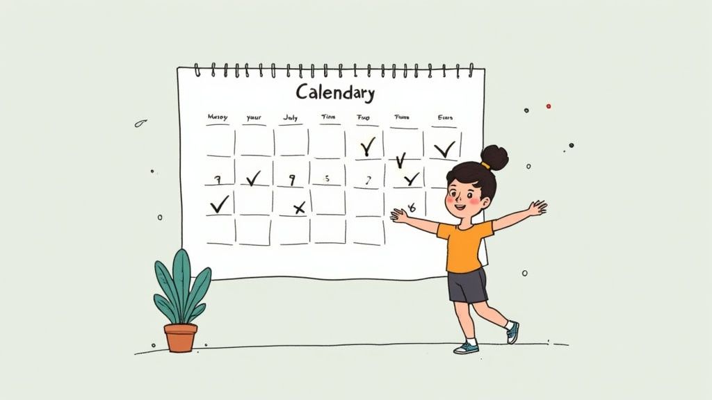 A person in workout clothes looking at their weekly calendar, scheduling in their cardio sessions.