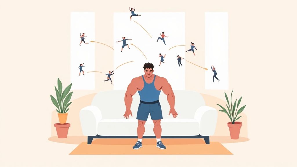 A person doing jumping jacks in a bright living room, showcasing a simple at-home workout.