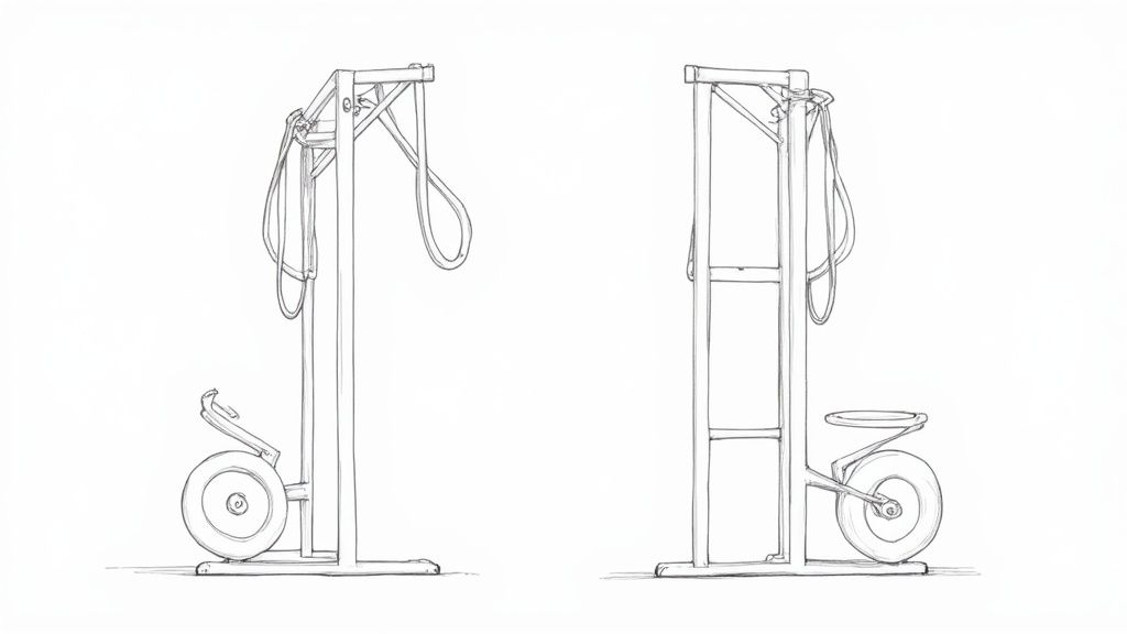 A person inspecting the cable on a weight machine.