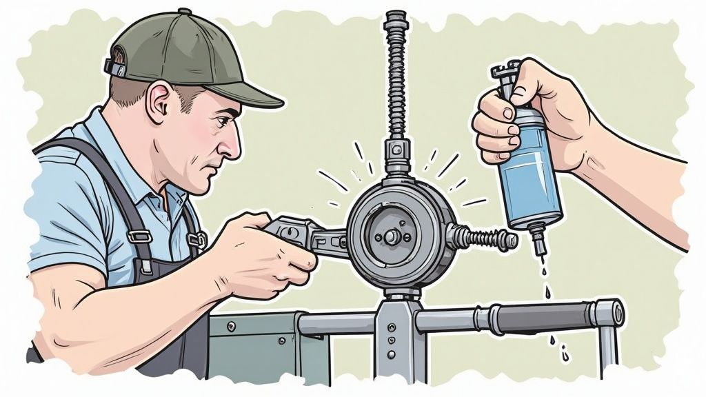 A person checking the bolts on a home gym weight machine.