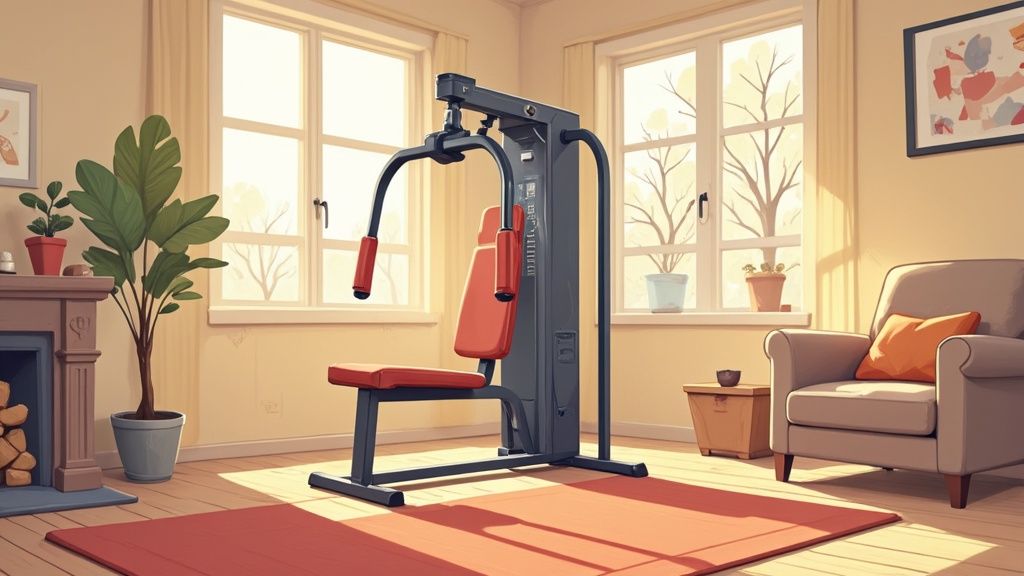 A person working out on a home gym weight machine in a well-lit room.