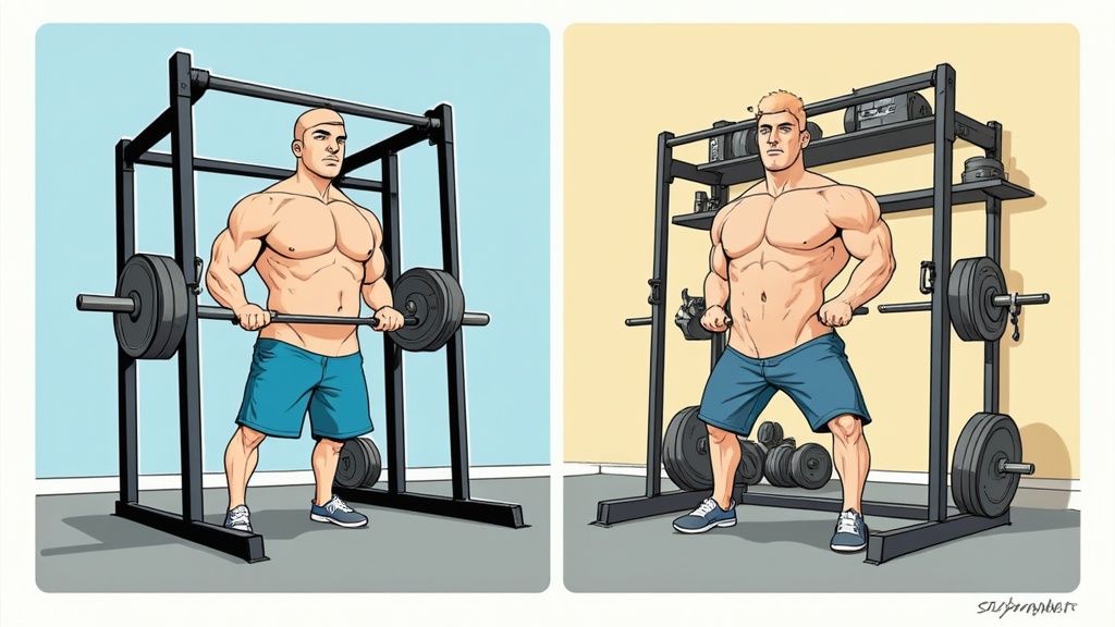 A woman smiles while using wall mounted fitness equipment in her living room, which is bright and airy.