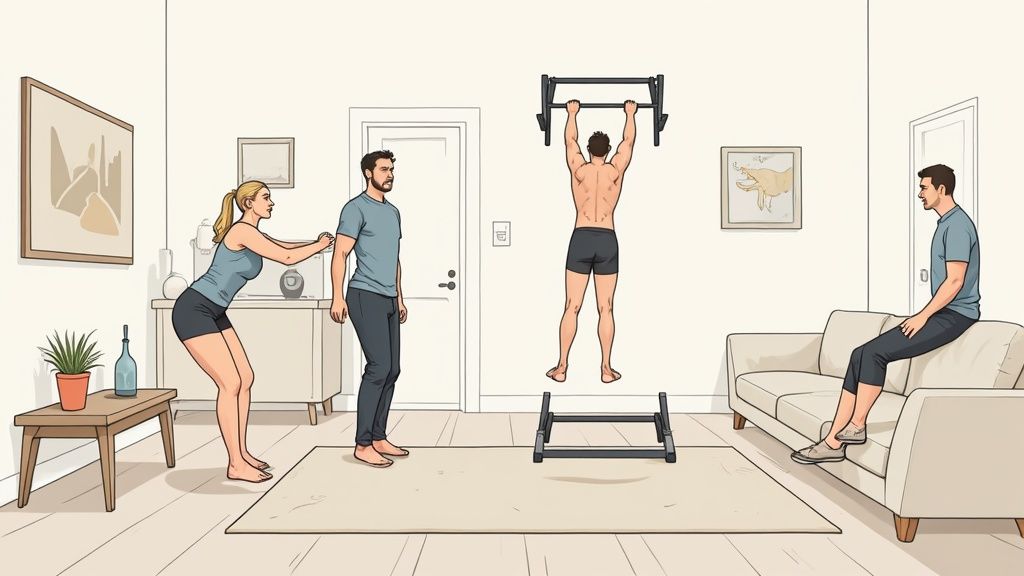 A clean, modern home gym with wall mounted fitness equipment, showcasing a pull-up bar and resistance band anchors.