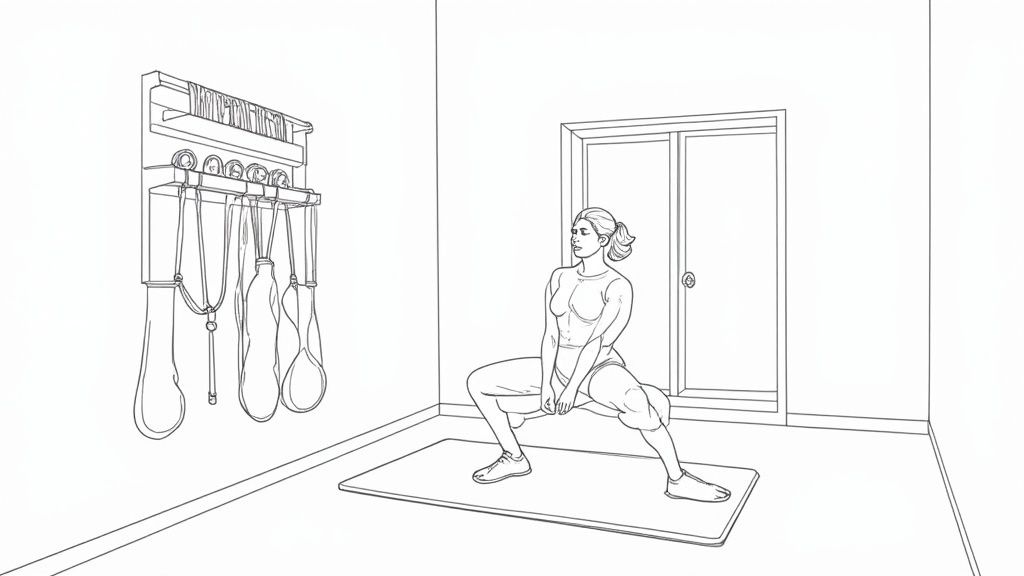 A well-organized small home gym with essential equipment.