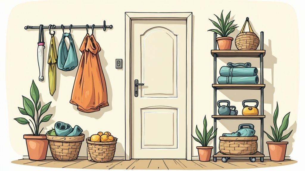 A tidy and inspiring workout corner in a small living space.