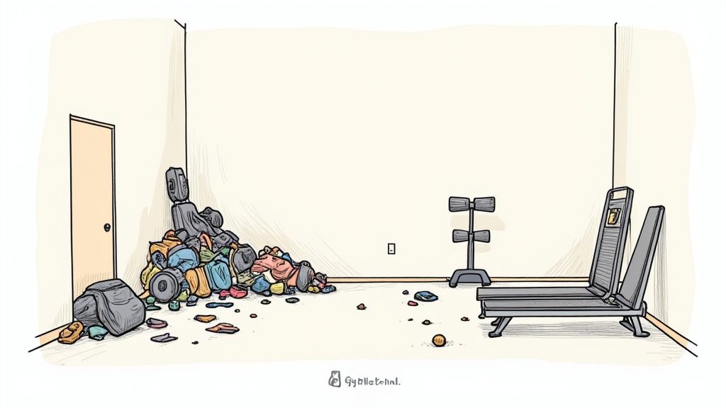 A person looking thoughtfully at a small space with measuring tape, planning their home gym.