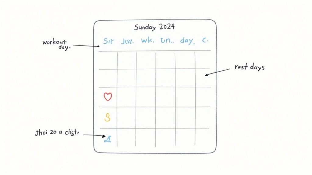 A woman in workout clothes stretching on a yoga mat in her living room, preparing for her home workout.