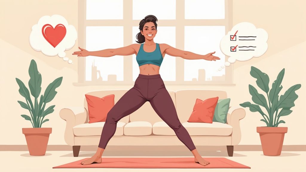 A woman in athletic wear smiles while doing a stretching exercise on a yoga mat in her living room.