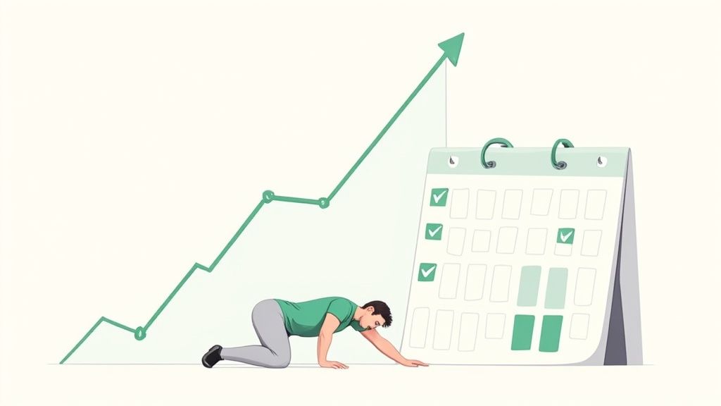 A person tracking their workout progress in a notebook while sitting on their living room floor next to a yoga mat.