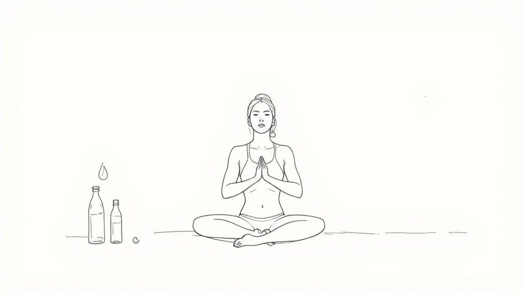 A person sitting on a mat drinking water after a workout, with a relaxed posture.