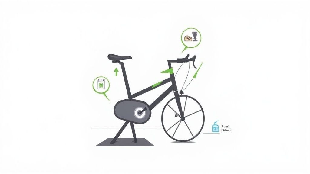A person adjusting the seat height on their home exercise bike in a bright living room.