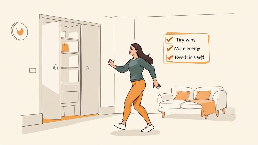A person sitting on a yoga mat, looking at their phone and smiling, likely tracking their progress or using a fitness app after a home workout.