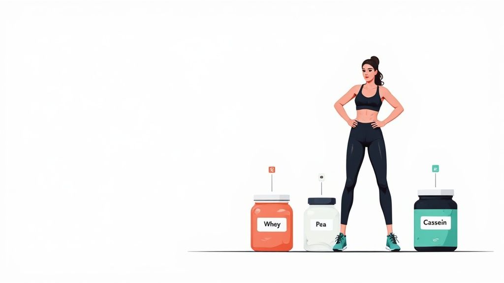 A woman in athletic wear smiling as she prepares a protein shake in her kitchen.