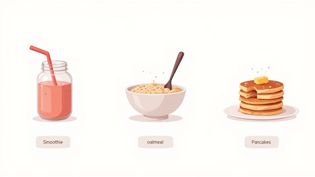 A woman smiling as she pours a delicious and healthy protein smoothie into a glass in her kitchen.