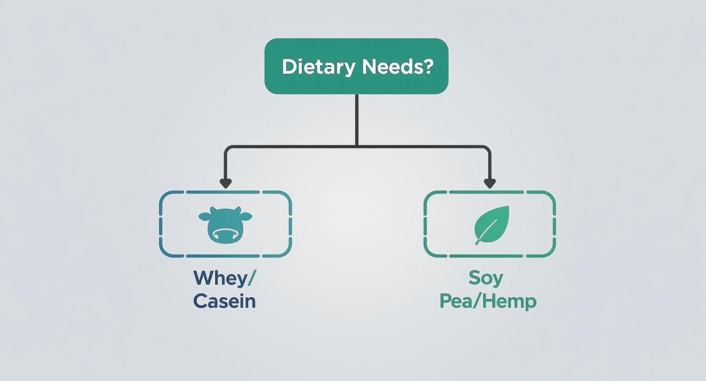 Infographic decision tree for choosing between dairy and plant-based protein powders.