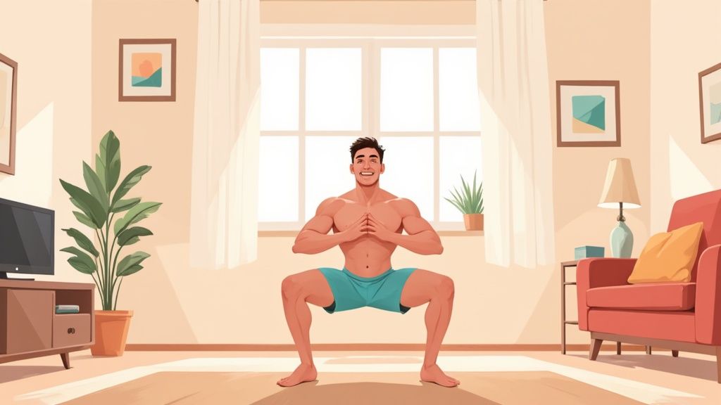 A person in athletic wear doing a bodyweight squat at home, looking focused and strong.