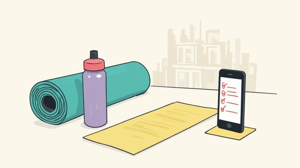 A person in athletic gear laying out a yoga mat in their living room, preparing for a home workout.