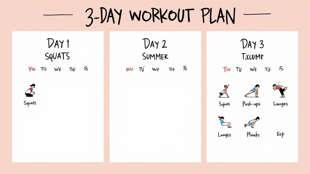 A person in athletic gear following a workout plan on their phone while at home, looking determined.