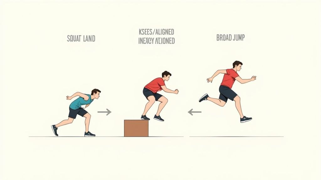 A woman performing box jumps on a sturdy step in her living room.