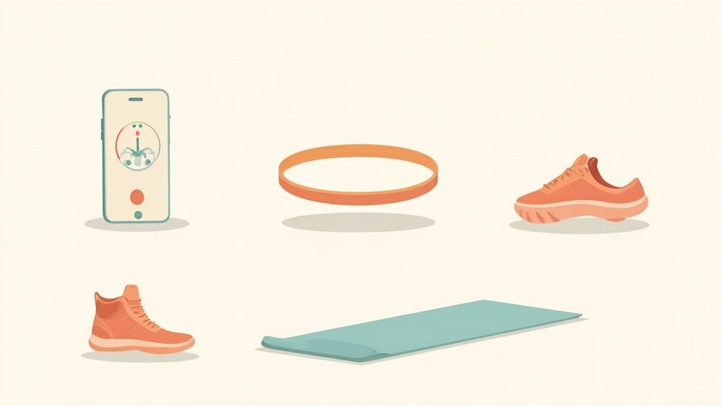 A person setting up a yoga mat and water bottle in a living room space, preparing for a home workout.