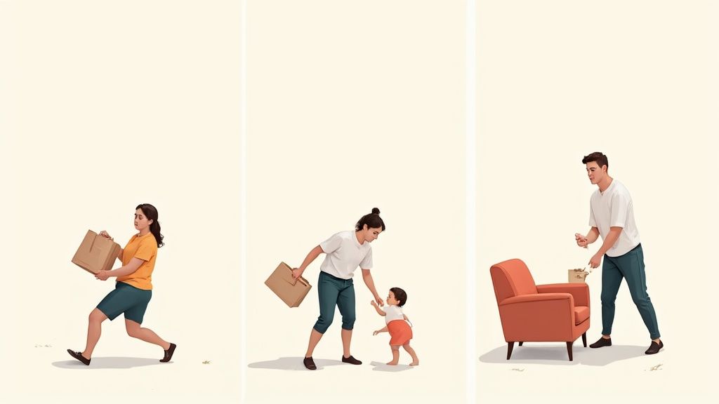 A woman smiles while effortlessly lifting a box, demonstrating the real-world benefits of functional fitness.