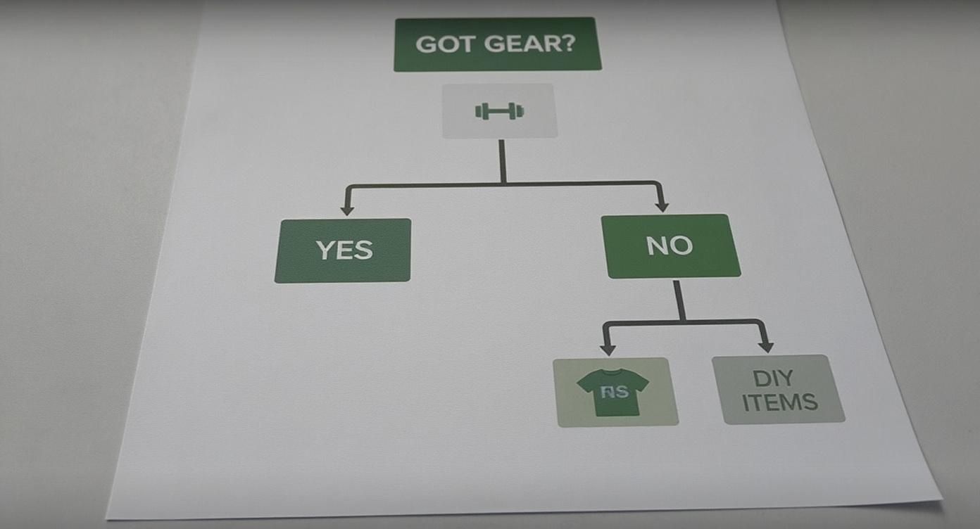 Infographic decision tree asking 'Got Gear?' and branching to 'Essentials' for Yes or 'DIY Items' for No, illustrating options for a workout routine for home.