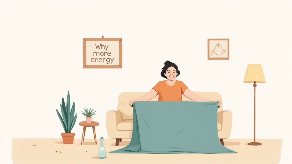 A woman in athletic wear smiling while doing a side plank on a yoga mat in her living room, demonstrating an accessible home workout.