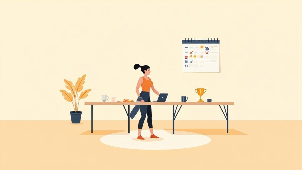 A woman in athletic wear smiling while doing a side plank on a yoga mat in her living room, demonstrating an accessible home workout.