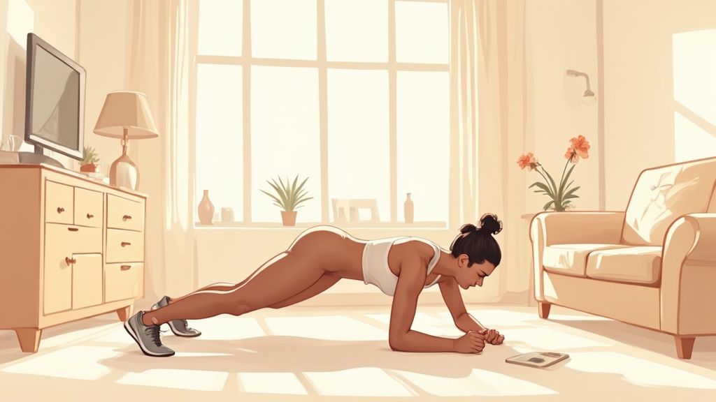 A person performing a push-up at home, demonstrating a key exercise in an at home chest and tricep workout.