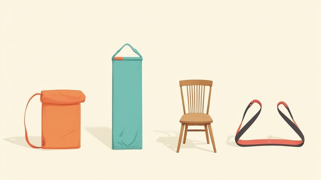 A yoga mat and resistance bands laid out on a floor, ready for a workout.