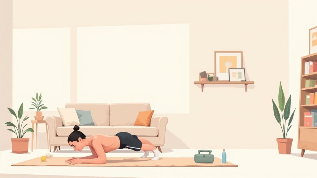 A person doing a bodyweight push-up on a yoga mat in their living room, demonstrating how to build muscle at home.