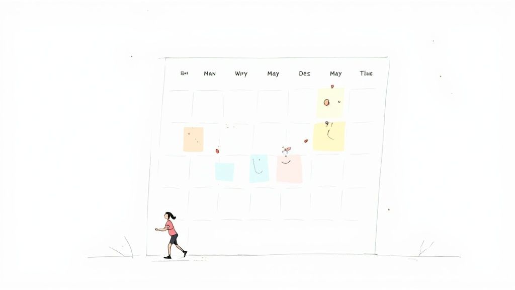 A person looking at a calendar, planning their weekly workout schedule.