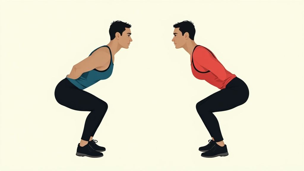 A person demonstrating proper bodyweight squat form with their thighs parallel to the ground.