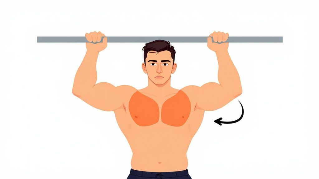 A person demonstrating the correct form for a pull-up, at the top of the movement with their chin above the bar.