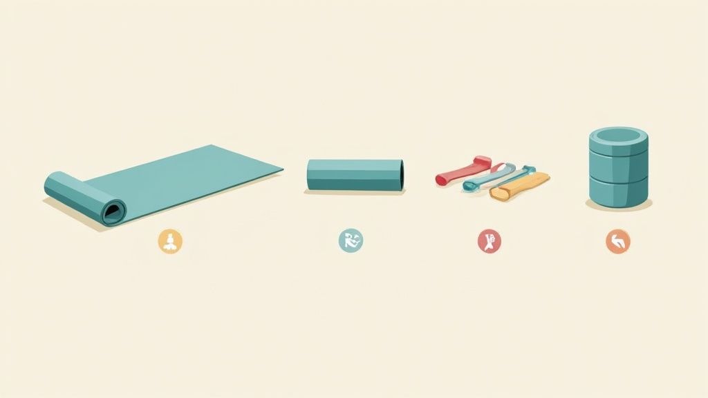 An exercise mat, foam roller, and resistance bands laid out on a wooden floor.