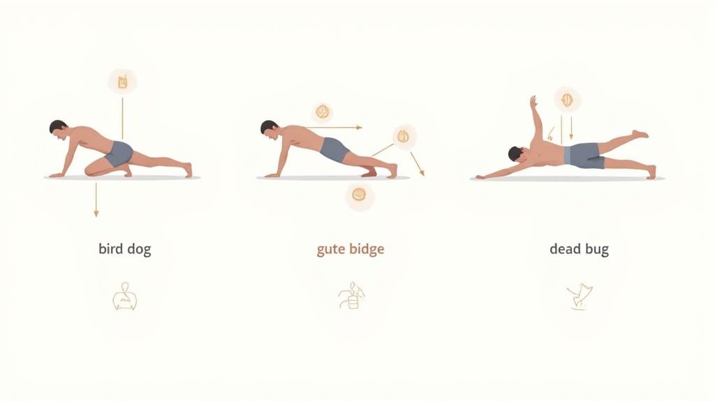 A person on a yoga mat in a tabletop position, performing the bird-dog exercise to strengthen their core.