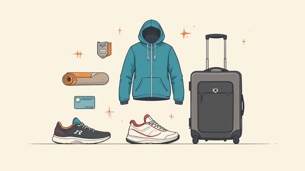 Woman packing a resistance band and a water bottle in her suitcase