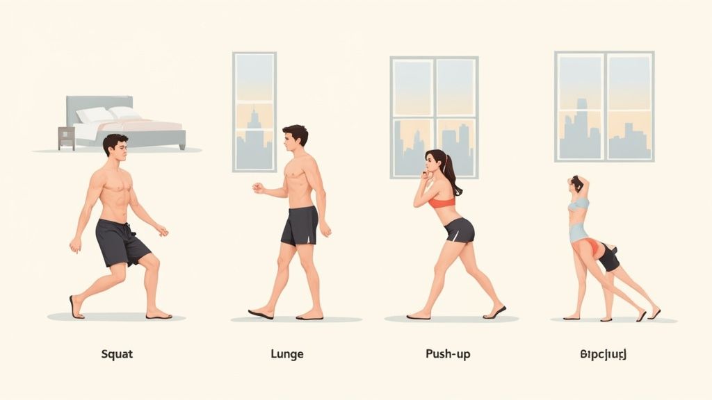 A woman performing a bodyweight squat in a hotel room with a city view.