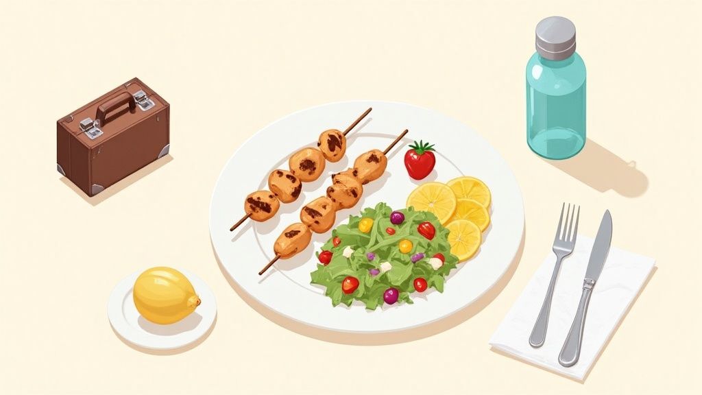 A person choosing fresh vegetables and fruits from a colorful market stall while traveling.