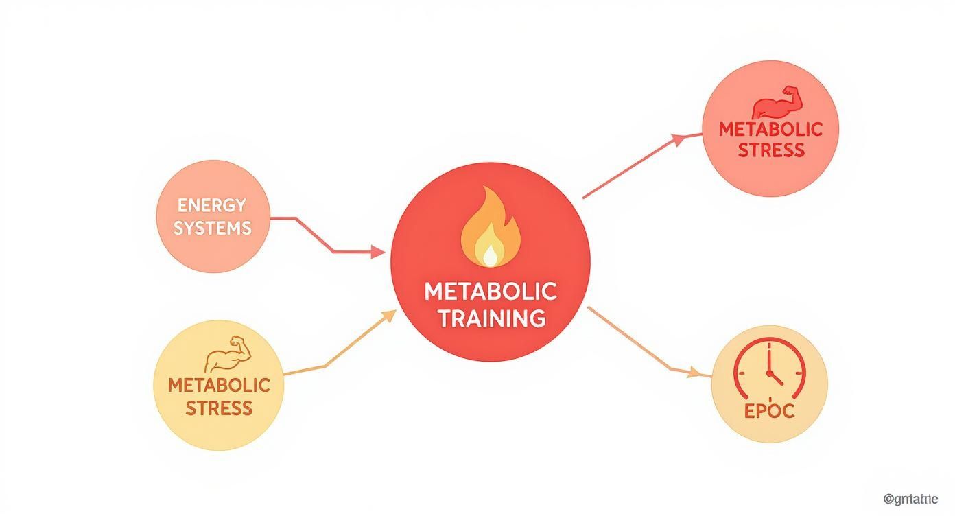 Diagram showing metabolic training components including energy systems, metabolic stress, and EPOC with connecting arrows