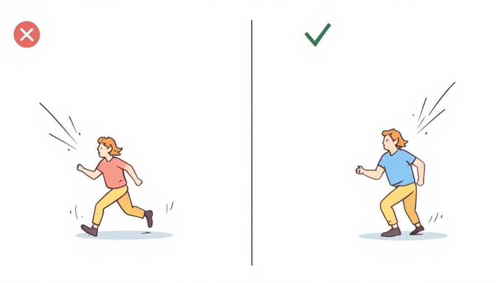 Comparison showing incorrect running form versus correct metabolic training exercise posture