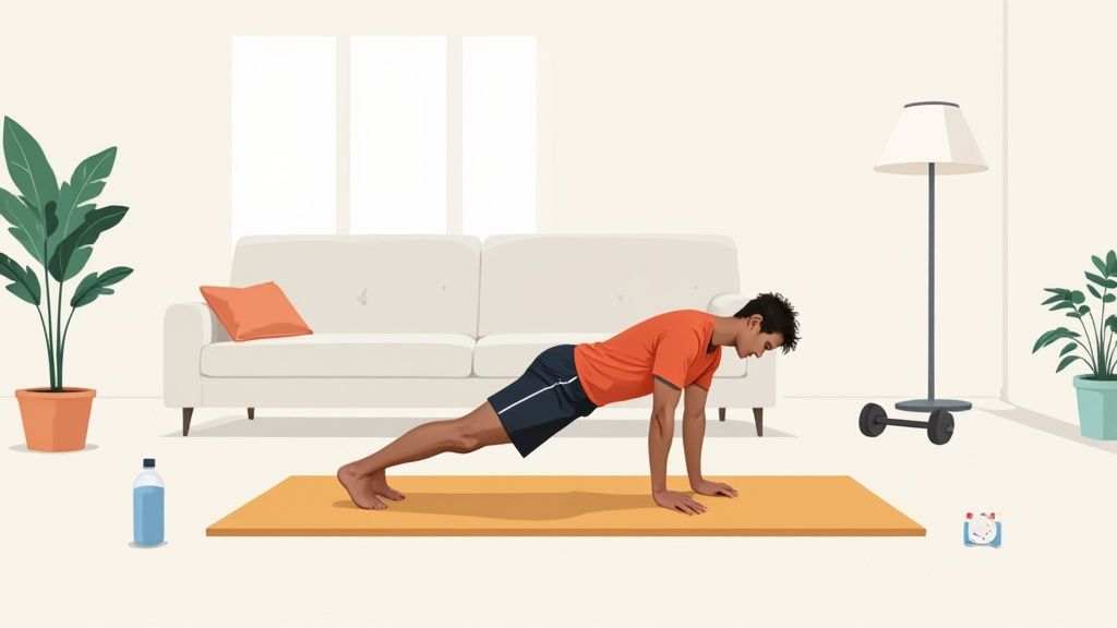 Man performing plank exercise on yoga mat in modern living room home workout