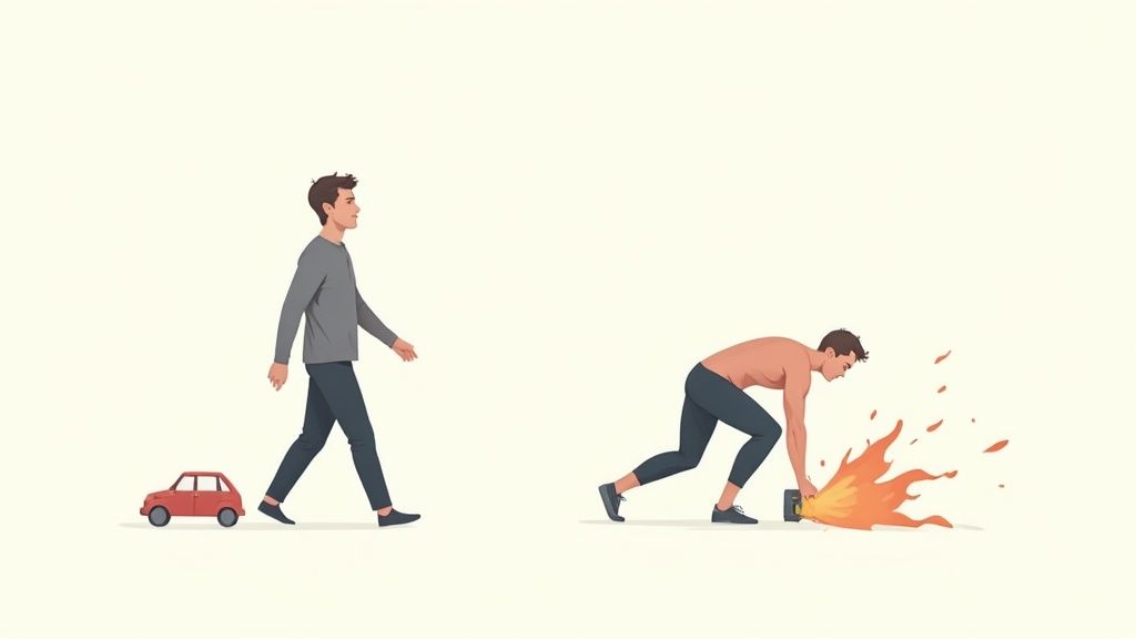 Comparison illustration showing person walking casually versus athlete sprinting intensely with explosive energy