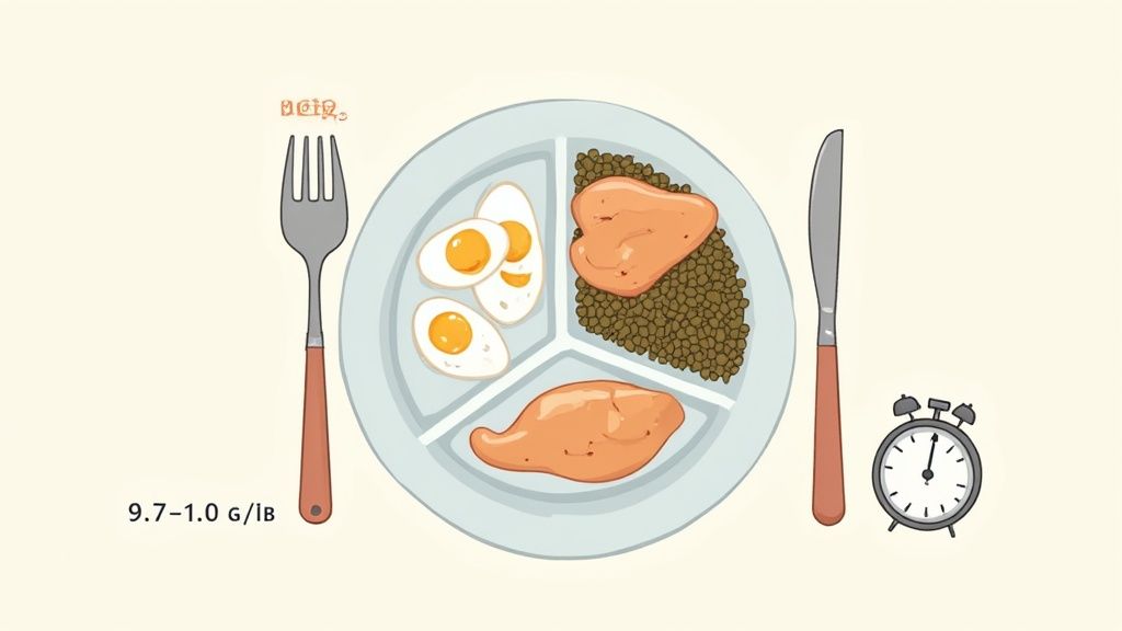 High protein meal plate with eggs, chicken, and lentils showing portion sizes for muscle building nutrition