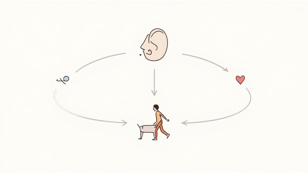 Diagram showing sensory input from ear and heart connecting to person walking dog