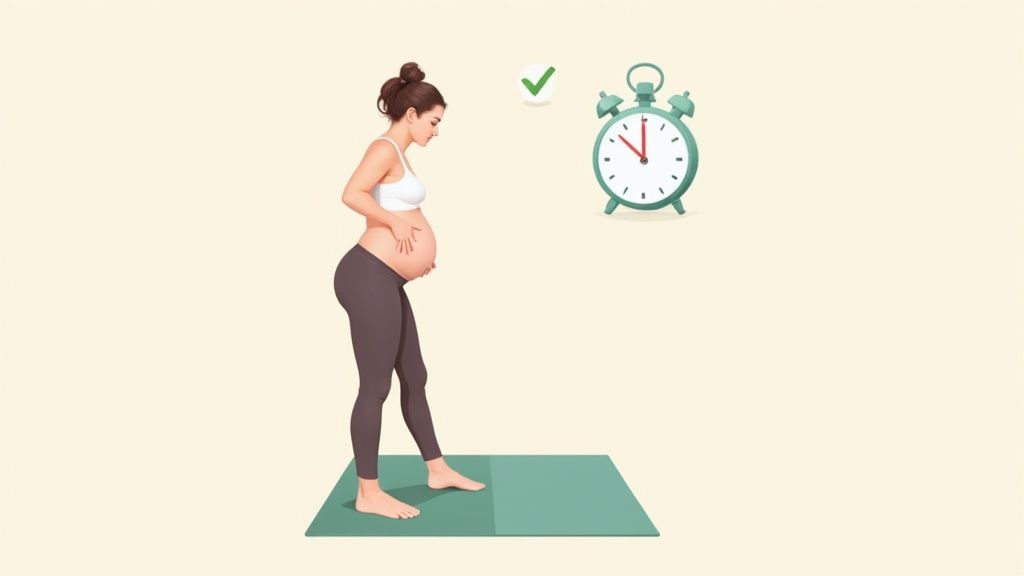Pregnant woman performing safe standing exercise on yoga mat with timer guidance
