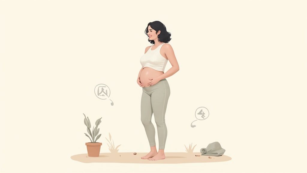 Pregnant woman in comfortable workout clothes standing and gently holding her belly at home