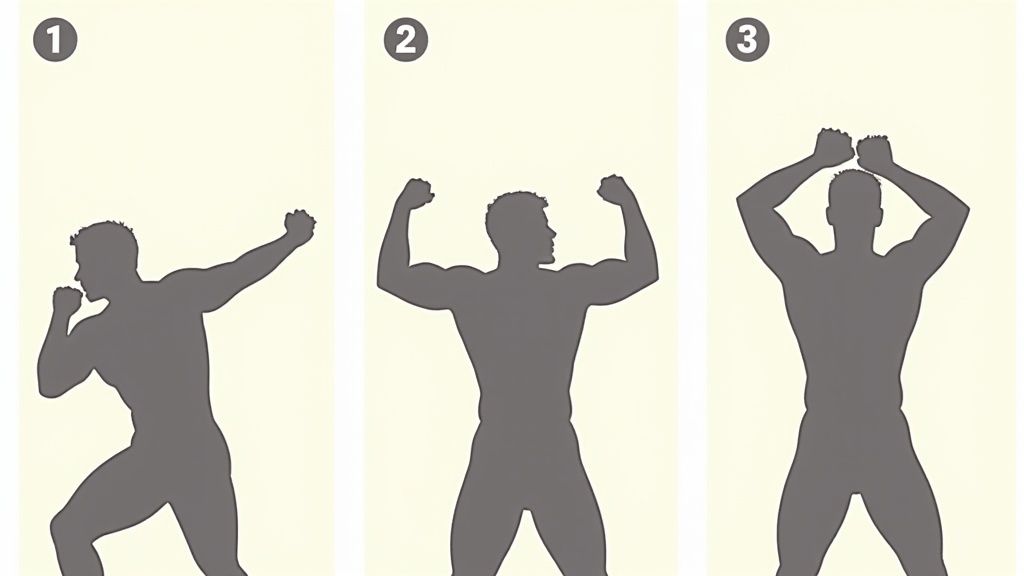 Three silhouettes demonstrating different back workout exercise poses at home strength training positions